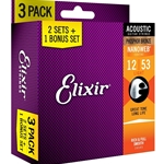 Elixir 16545 Light Phosphor Bronze with NANOWEB Coating Acoustic Guitar 2+1 Bonus String Set