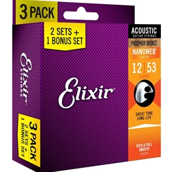 Elixir 16545 Light Phosphor Bronze with NANOWEB Coating Acoustic Guitar 2+1 Bonus String Set